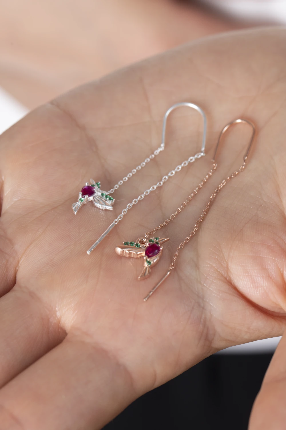 wholesale Women's Rose-Plated Bird Design Dangle Earrings with 925 Sterling Silver Chain